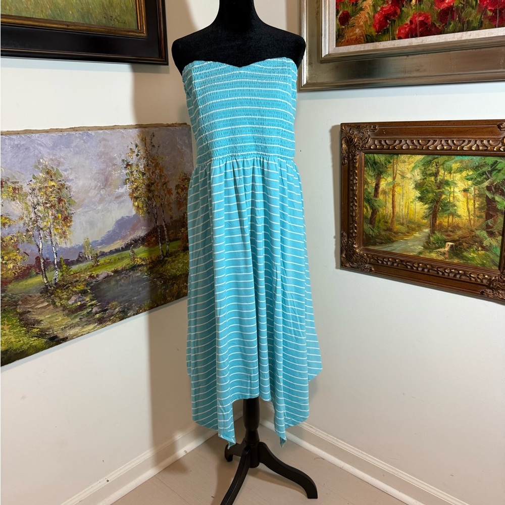 🐠 Torrid Strapless Aqua Striped Dress